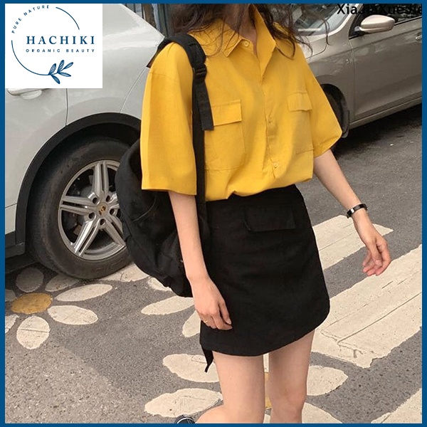 Áo sơ mi nữ cổ bẻ tay ngắn - lỡ phong cách ulzzang HACHIKI form freesize dáng rộng unisex TRƠN HAI TÚI ASM02