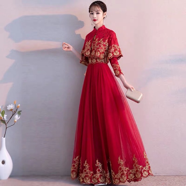 Váy ren đỏ thêu hoa vàng (kèm khoác) - MS518