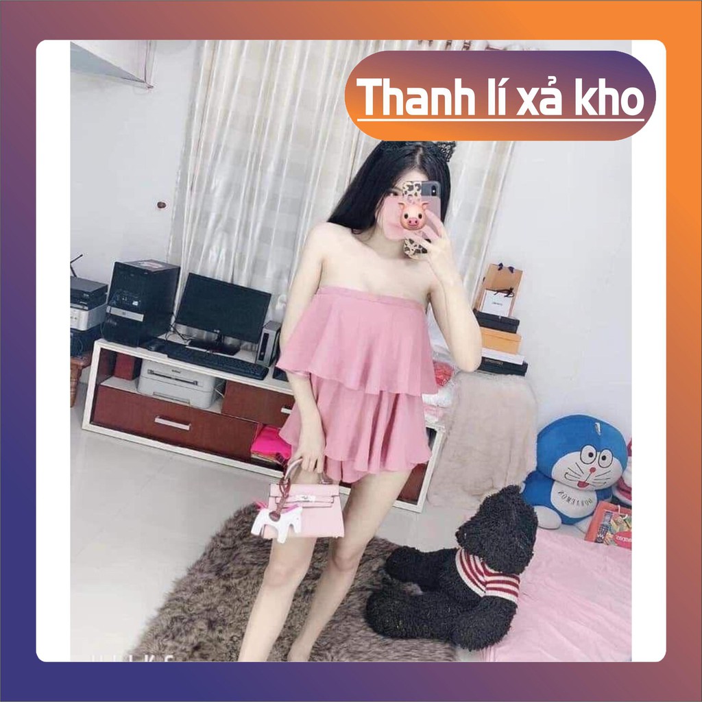 16S19B1 Jumsuit ngắn ống rộng bèo ngực, vải kate mịn đẹp