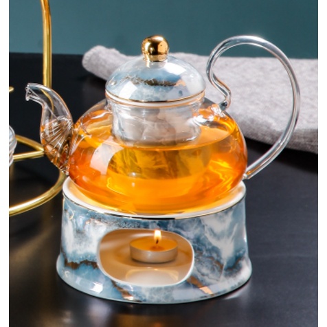 Ấm Chén Giữ Nhiệt Sứ Xương Cao Cấp Kèm Hộp. Bình Pha Bếp Đun Giữ Nhiệt Màu Vân Đá Cao Cấp. Ấm Pha Trà Có Bếp Đun