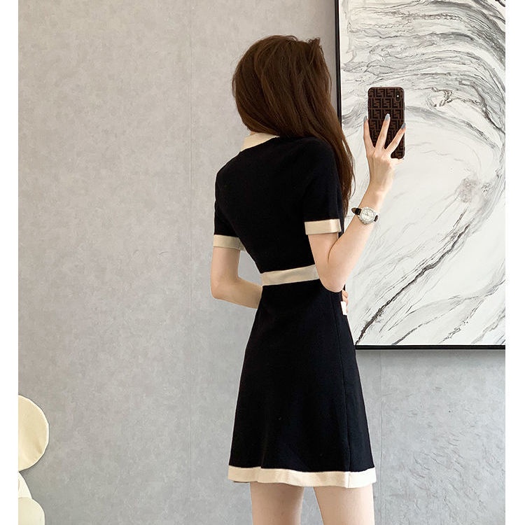 2022 the new summer style Xiaoxiang style waist shows slim advanced feeling color V-collar knitted dress A-shaped dress for women