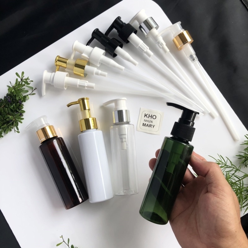 Chai Vòi nhấn Nhỏ giọt 100ml Trong suốt/ nâu / Xanh lá/ trắng - Chai lọ nhựa Pet vò bump đựng xà dầu gội Mỹ phẩm