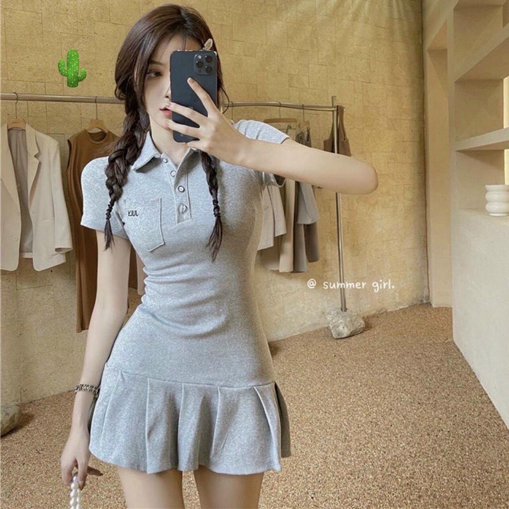 Đầm polo body dưới xếp ly xòe nhẹ cực xinh , chất thun bozip mềm mịn