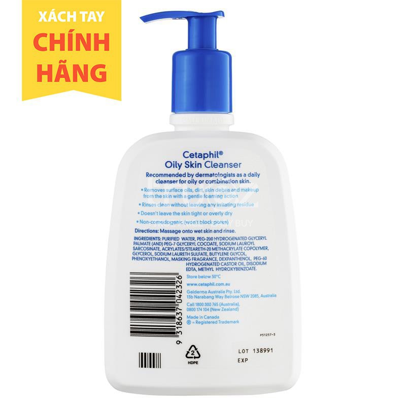 GIẢM GIÁ Sữa rửa mặt cho da hỗn hợp da dầu mụn Cetaphil Oily Skin Cleanser 500ml (xách tay) | Xuất xứ: Australia - Úc SA