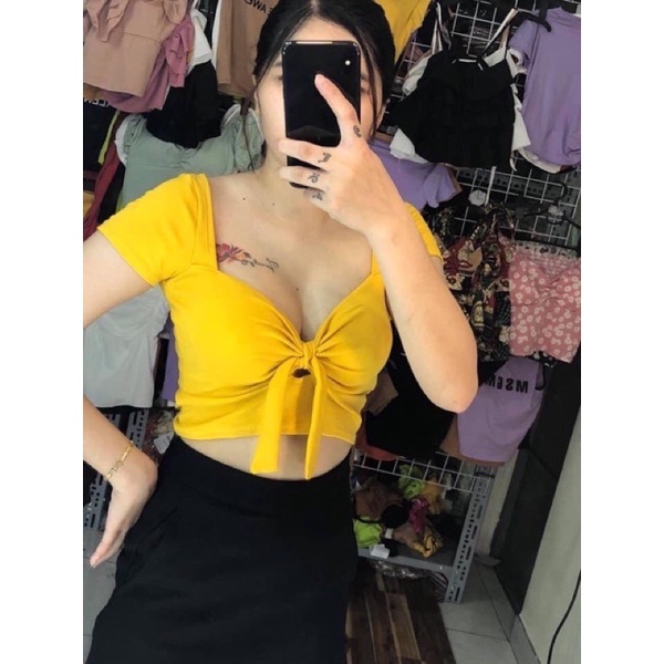 ÁO CROPTOP TAY NGẮN THẮT NƠ NGỰC CÓ MÚT VẢI BORIP CAO CẤP