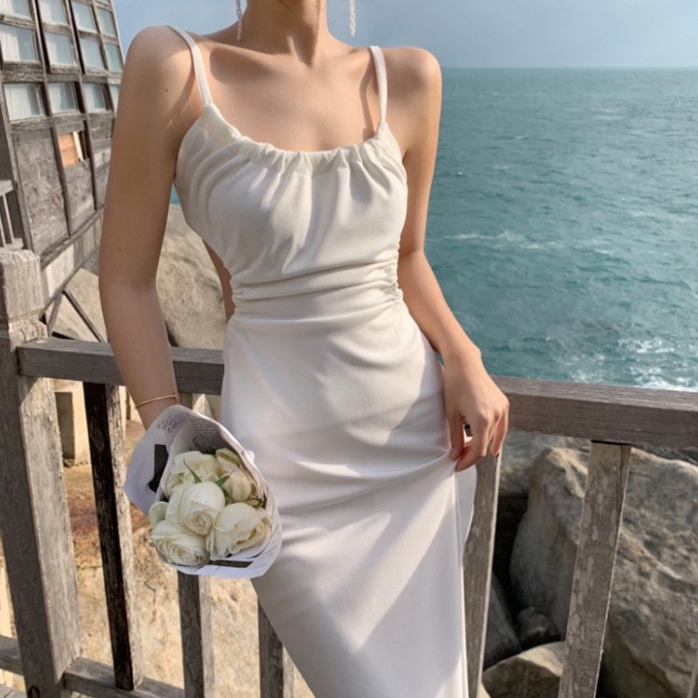 Váy đi biển trắng LUHAZO cổ yếm maxi body sexy đi tiệc  nữ đẹp 2 dây dáng dài bigsize  Hàn Quốc hở lưng  1072 DK5T403