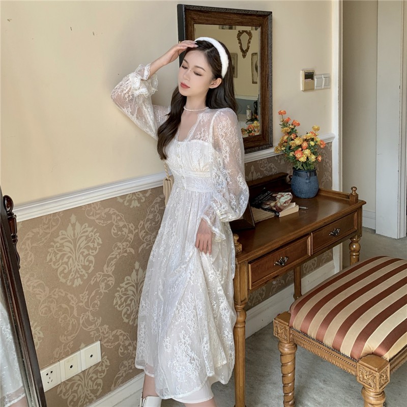 Váy trắng dài cổ tích váy công chúa váy cổ tích ulzzang taobao bling bling