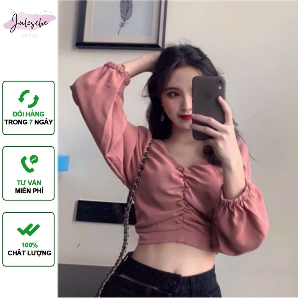 Áp croptop kiểu tay phồng nhúng ngực Julesche cổ chữ V nữ tính nhẹ nhàng freesize dưới 52kg