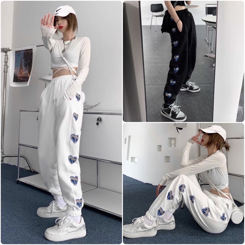 Quần jogger tim xanh UnisexFREESHIPChất nỉ ép ngoại dầy đẹp, from ống rộng, chun ống