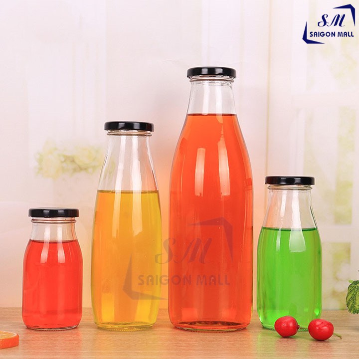 Chai thủy tinh đựng sữa,nước trái cây,detox nắp thiết đen 1000ML