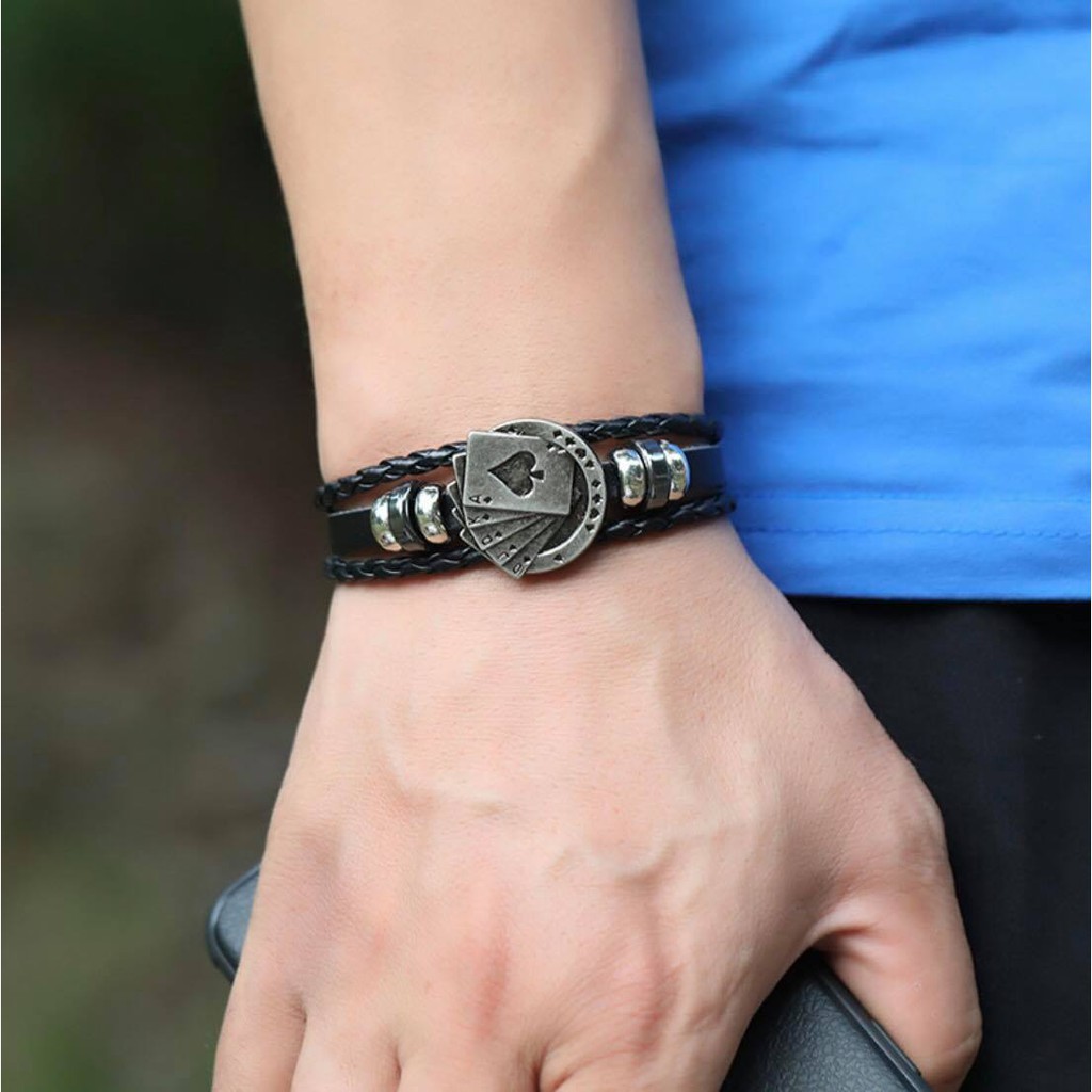 Vòng Tay Da Nhiều Sợi Bện Phối Khóa Hợp Kim hình lá bài độc đáo Phong Cách Âu Mỹ