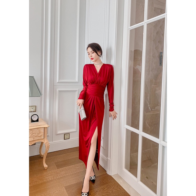 ZYHT Đầm Dài Tay Cổ Chữ V Màu Trơn Thời Trang Mùa Hè Cho Nữ váy dạ hội 5230