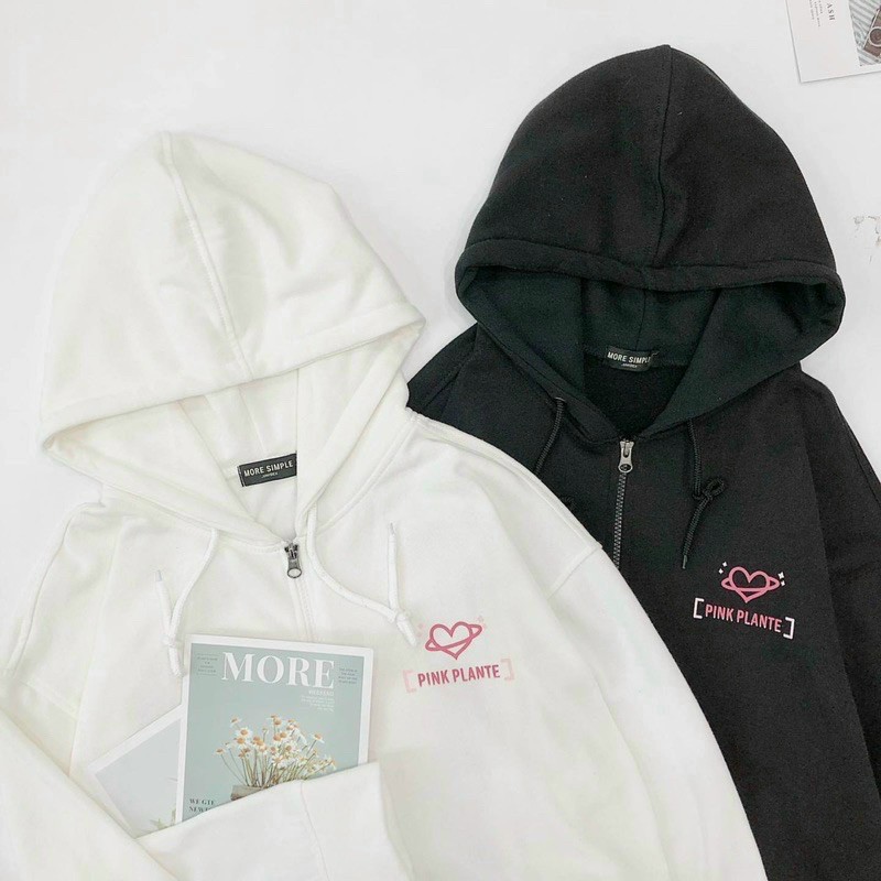 Áo khoác nữ hoodie nỉ Lyn House in hình Pink Plante form rộng unisex có 2 màu đen trắng