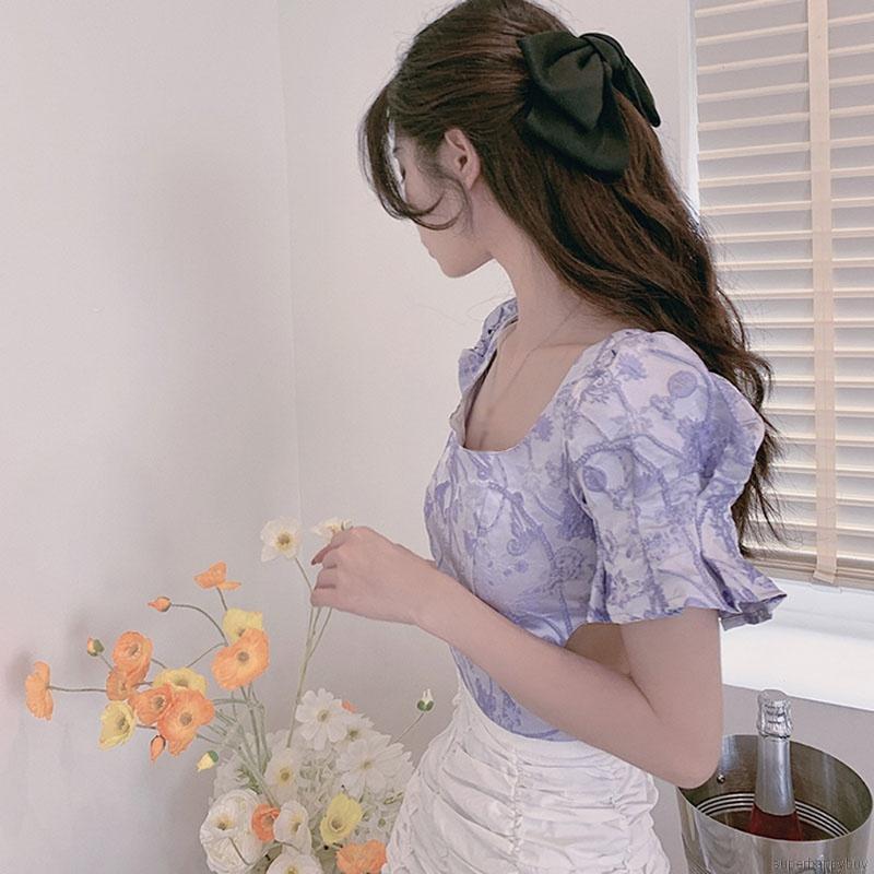 Áo Croptop Tay Phồng Cổ Vuông In Họa Tiết Hoa Phong Cách Retro