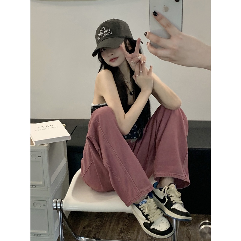 Ethelgirl Quần Jean Nữ Lưng Cao Ống Rộng Phong Cách retro Mỹ Cá Tính