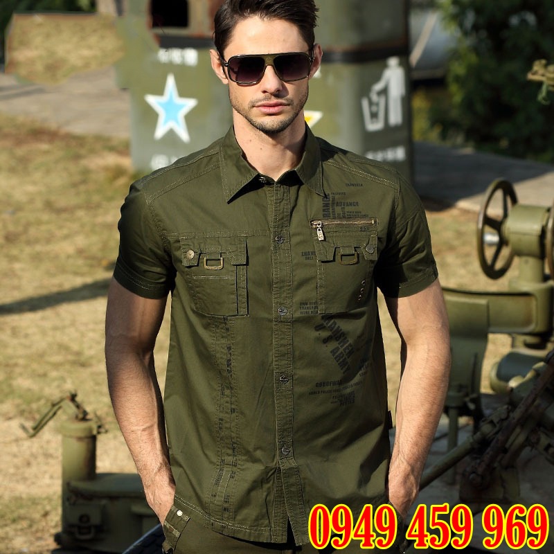 Áo Sơ Mi Lính Nam Cộc Tay Xanh Rêu Túi Hộp Phong Cách Lính Mỹ U.S.ARMY Hàng Kaki Lính Xịn