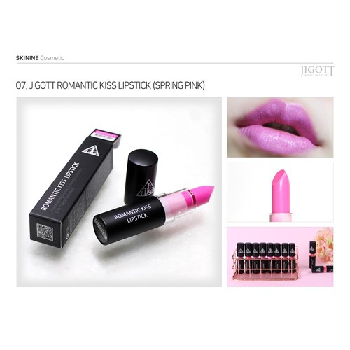 Son không chì lì mịn Hàn Quốc JIGOTT Romance Kiss Lipstick Số #7 màu hồng tươi Spring Pink 20g