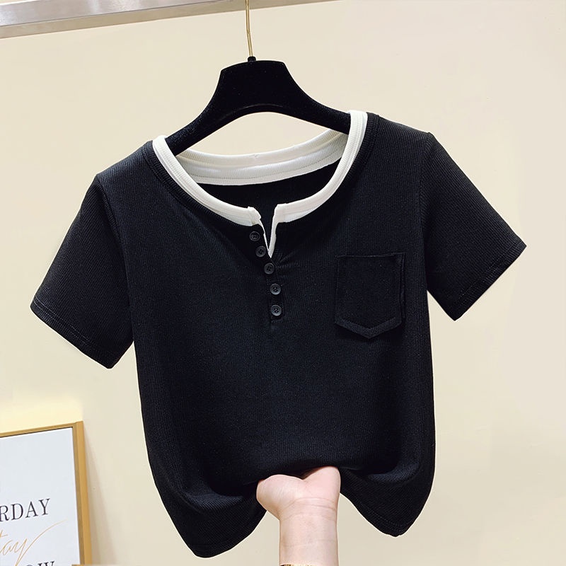 Áo Thun Tay Ngắn Cổ Chữ V Màu Sắc Tương Phản Thời Trang Mùa Hè 2022 Cho Nữ