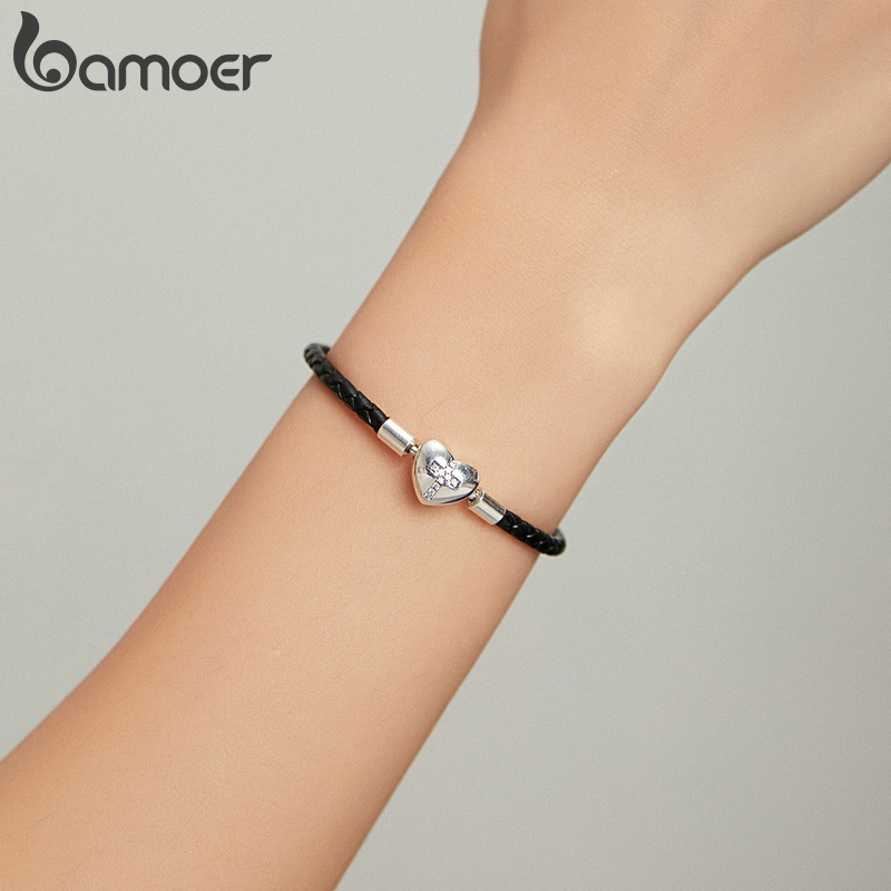 Vòng Tay Bamoer SCB205 Bằng Da Thật & Bạc Thật 925 Bạch Kim Mặt Thánh Giá Khảm Đá Zircon Thời Trang Cho Nữ