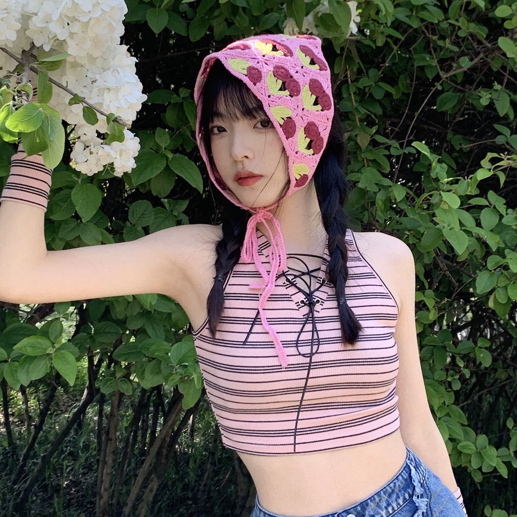 Khăn Choàng Cổ Dệt Kim Hình Quả Cherry Tam Giác Nhỏ Nhắn Phong Cách Mùa Hè Hàn Quốc Mới