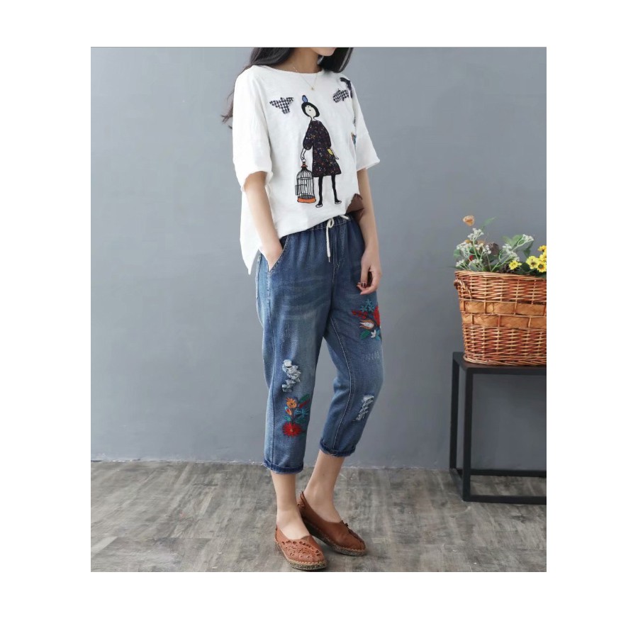 Quần baggy vải bò mềm thêu hoa QB10
