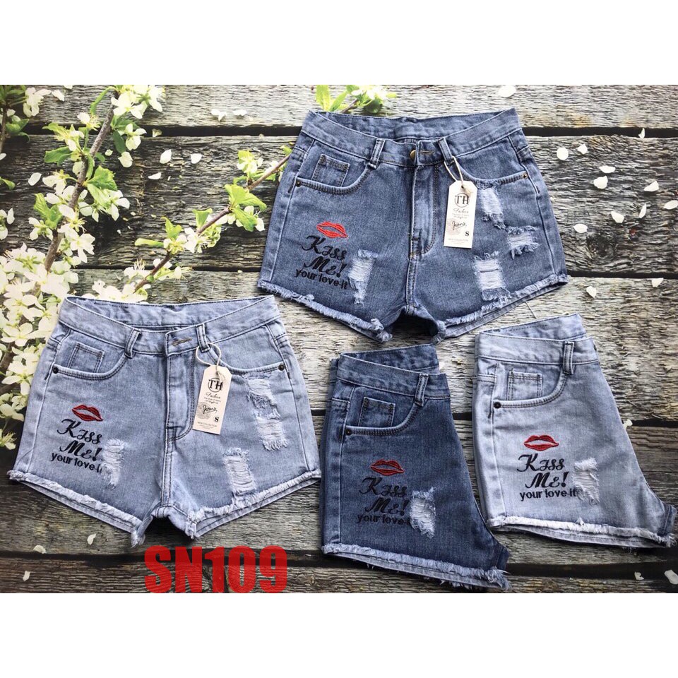 Quần short jean nữ rách wax