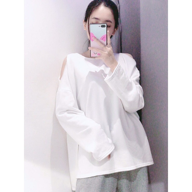 Áo oversize tay dài xẻ tà chéo lưng khoét vai đen trắng xám