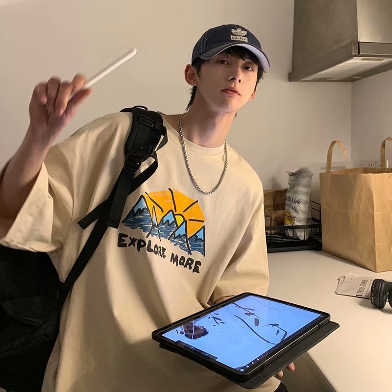 Áo thun tay ngắn cổ tròn dáng rộng in họa tiết hoạt hình phong cách Nhật Bản thời trang cho nam size M-5XL