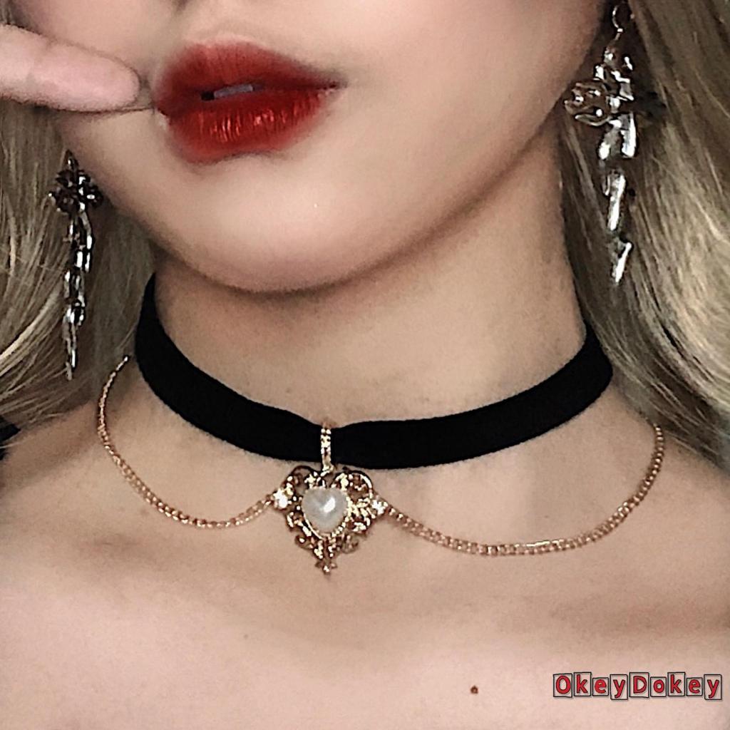 Vòng cổ dây nhung mặt trái tim vàng đính ngọc trai cổ điển có thể điều chỉnh dành cho nữ