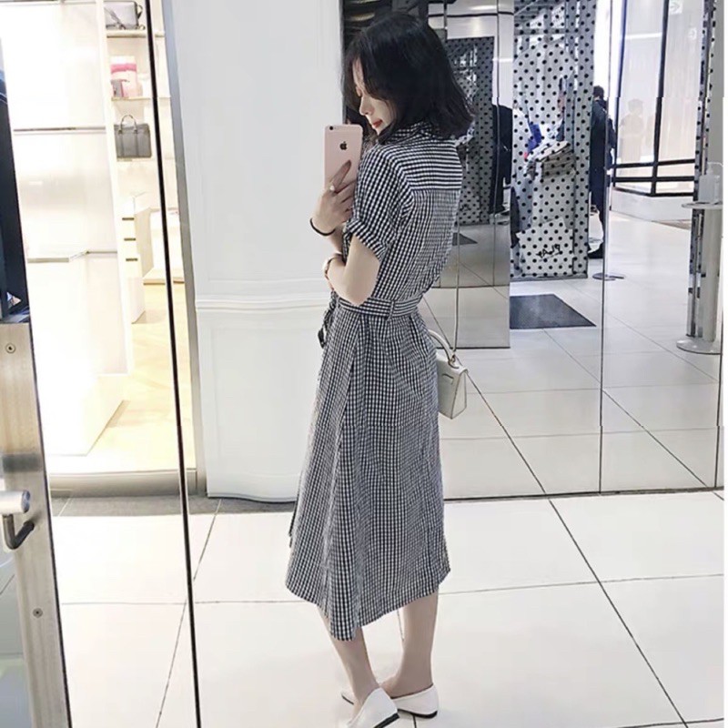 Đầm váy sơ mi caro kẻ đen kèm belt