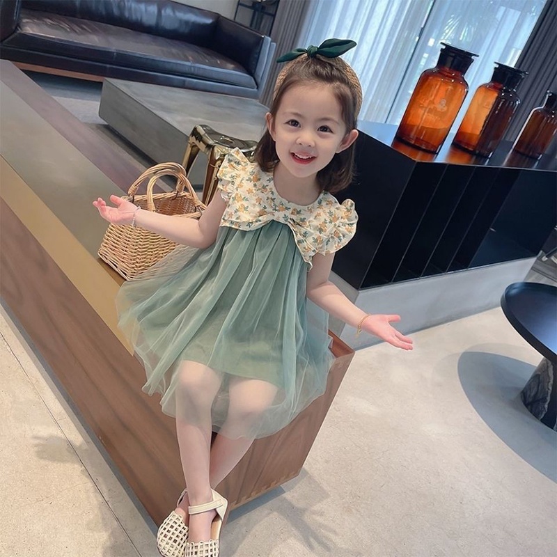 Đầm công chúa phổi vải chiffon mỏng họa tiết hoa thời trang mùa hè cho bé gái