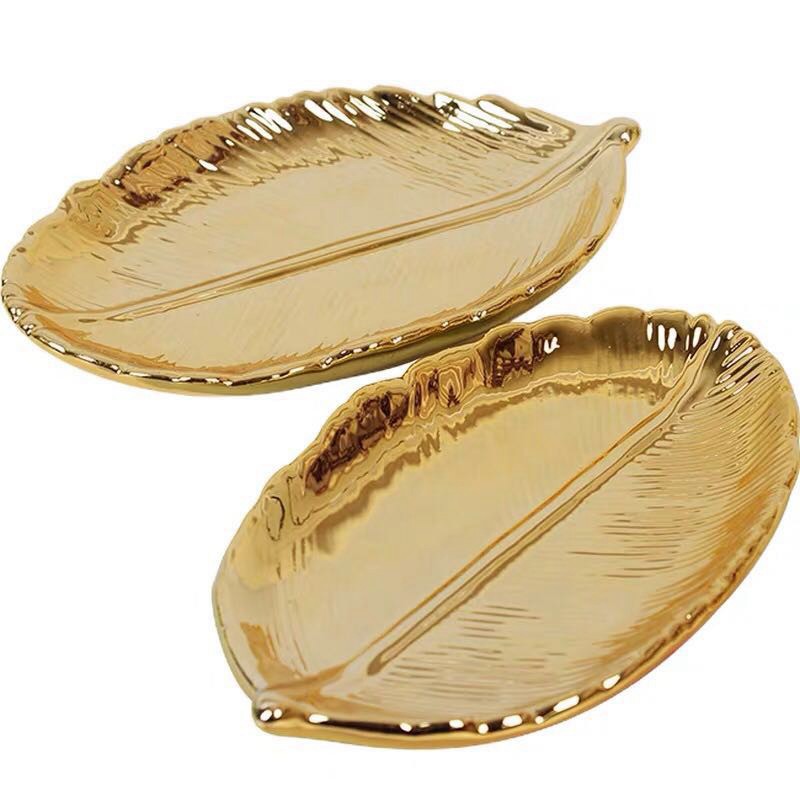 Decorative Gold Leaf Ceramic Plate Dish Porcelain Candy Trinket Dish