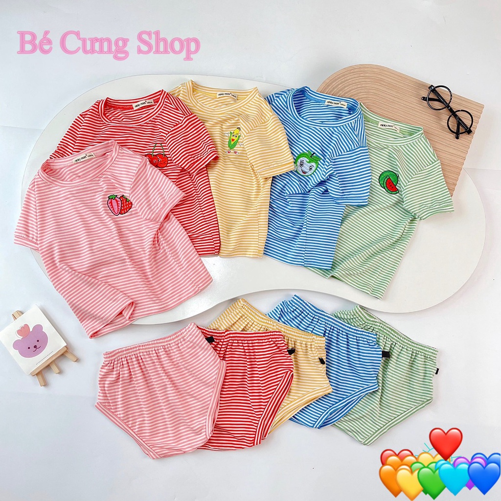 Bộ đồ cộc tay quần chip cho bé trai bé gái từ 5-16kg, mẫu sọc kèm họa tiết hình thêu trái cây