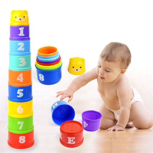Set 9 cốc xếp chồng in chữ/ số cho bé
