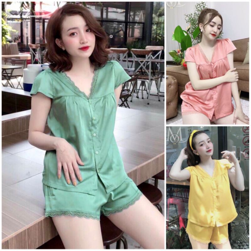 ( có túi quần) Bộ ngủ lụa satin đùi phối ren babydoll