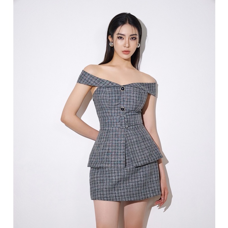 Set đồ nữ CHOCOO Josie Top x Junita thiết kế áo trễ vai và quần giả váy họa tiết caro