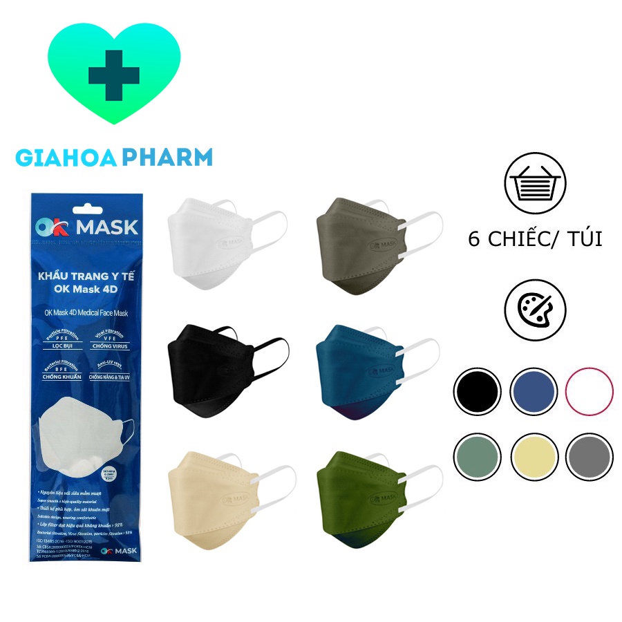 Khẩu trang y tế kháng khuẩn 4D Ok Mask (Thiết kế thời trang Hàn Quốc KF94) - Gói 6 cái - Chống bụi, ngăn virus