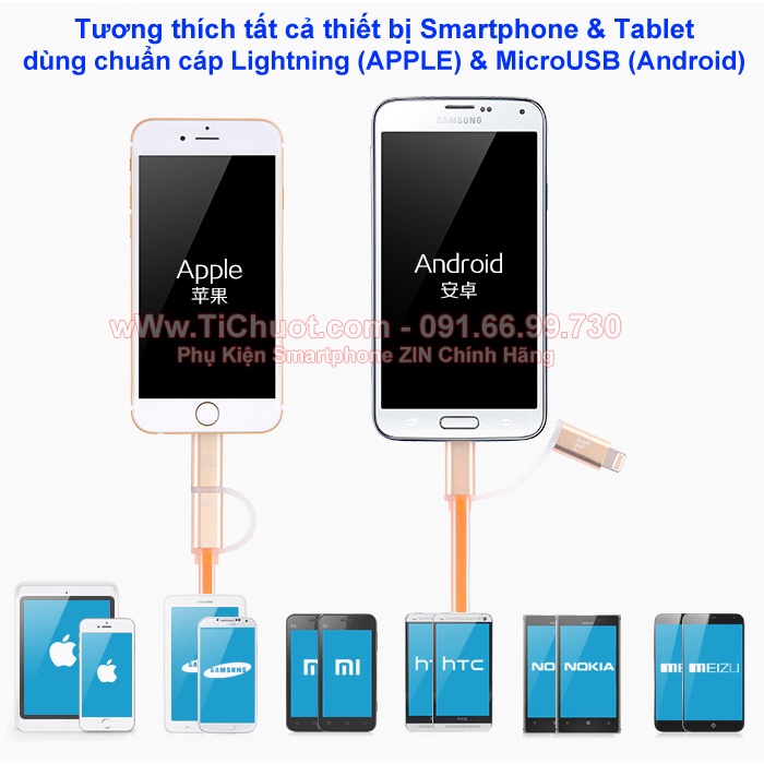 Cáp HOCO UPL08 2in1 Light.ning &amp; MicroUSB Đầu Bọc Nhôm Có LED Báo Sạc