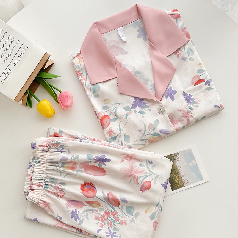 Bộ Đồ Ngủ Bằng Lụa Mát Ngắn Tay Thời Trang Pháp Cho Nữ