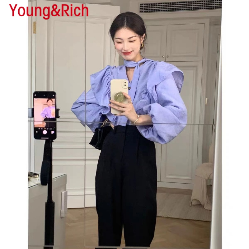 Y & R Áo Sơ Mi Dài Tay Cổ Chữ v Dáng Rộng Cột Dây Màu Tím Phong Cách Cung Điện Cổ Điển Cho Nữ Hoàn thành