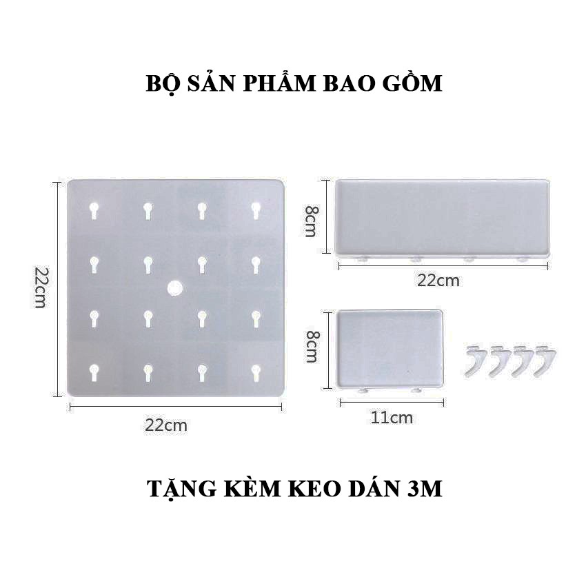 Kệ bảng dán tường không cần khoan kích thước 22x22 cm chất liệu nhựa PP có lỗ kèm móc treo đồ màu trắng