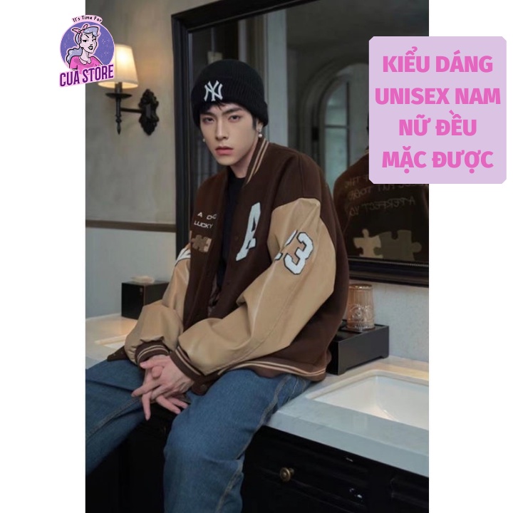 Áo khoác Bomber bóng chày chất DẠ tay DA và 1 loại chất KAKI màu nâu Vintage hàng Quảng Châu chất siêu đẹp