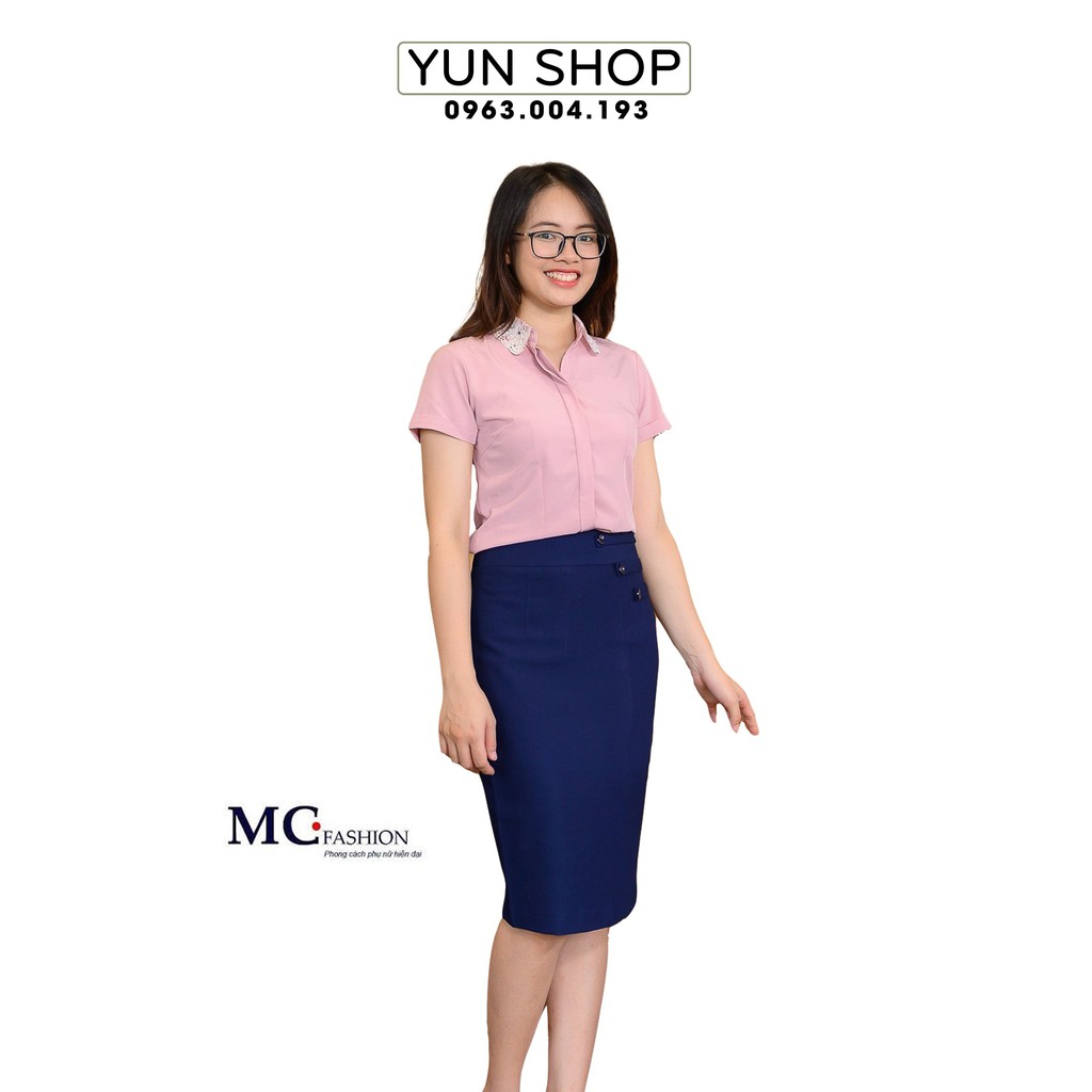 Aó Sơ Mi Nữ, Áo Sơ Mi  Nữ Tay Ngắn Cộc Tay MC Fashion Họa Tiết Cổ Ren Màu Hồng Đỗ A680