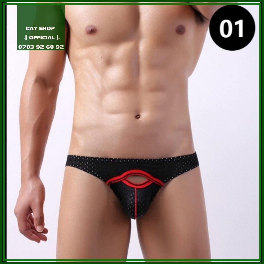 Quần lót nam tam giác thun cotton đục lỗ thông hơi mát cutout độc đáo - Quần sịp nam tôn mông gợi cảm quyến rũ