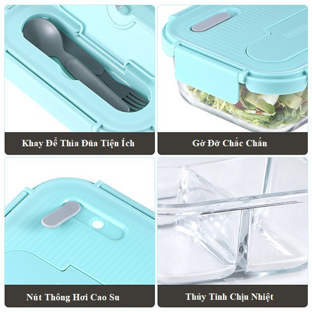 Bộ hộp cơm thủy tinh chia ngăn cao cấp Yeahcook Glass Food Container