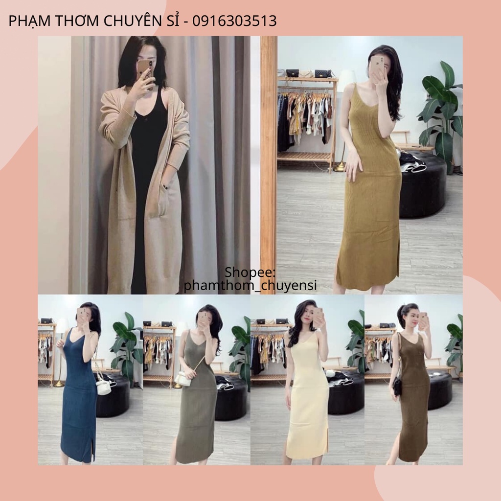 Váy len ôm body cổ chữ V 2 dây