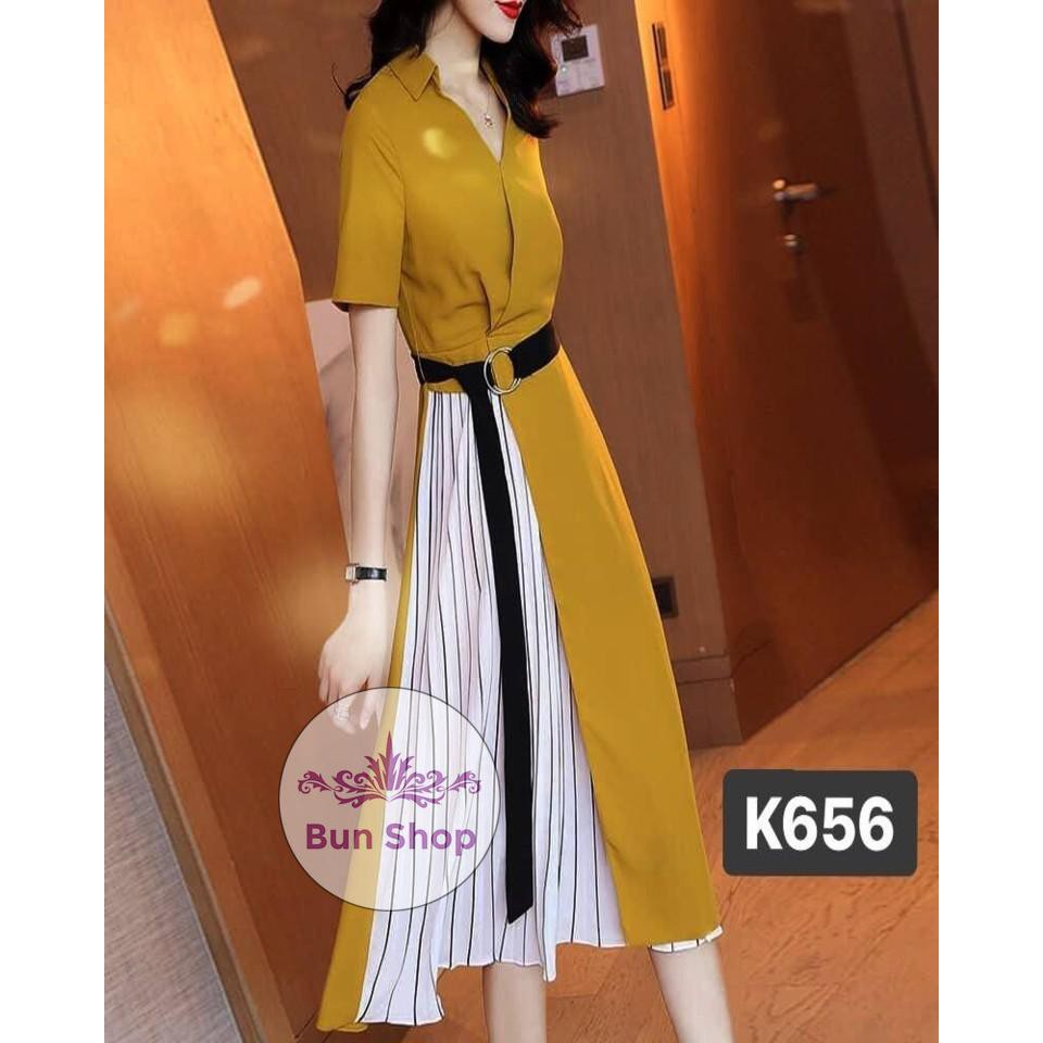 ĐẦM VÀNG KẺ SỌC  K656 - Bun Shop (Hàng may thiết kế ,ảnh thật shop tự chụp)
