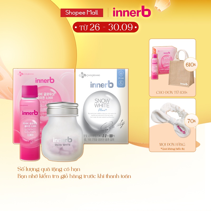 Combo hộp 6 chai nước uống Collagen Vitamin C sáng da InnerB Glowshot & thực phẩm bảo vệ sức khỏe InnerB Snow White