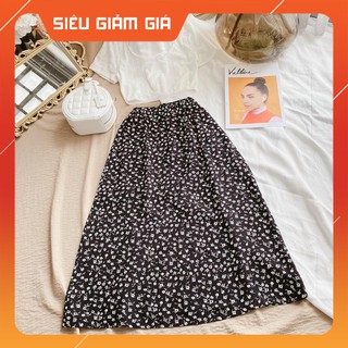 Set áo crop trắng viền ren + chân váy midi hoa cúc
