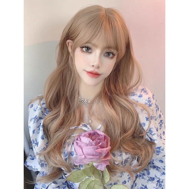 Tóc giả nữ nguyên đầu xoăn sóng vàng khói chất sợi tơ nhân tạo dùng nhiệt tạo kiểu 9106